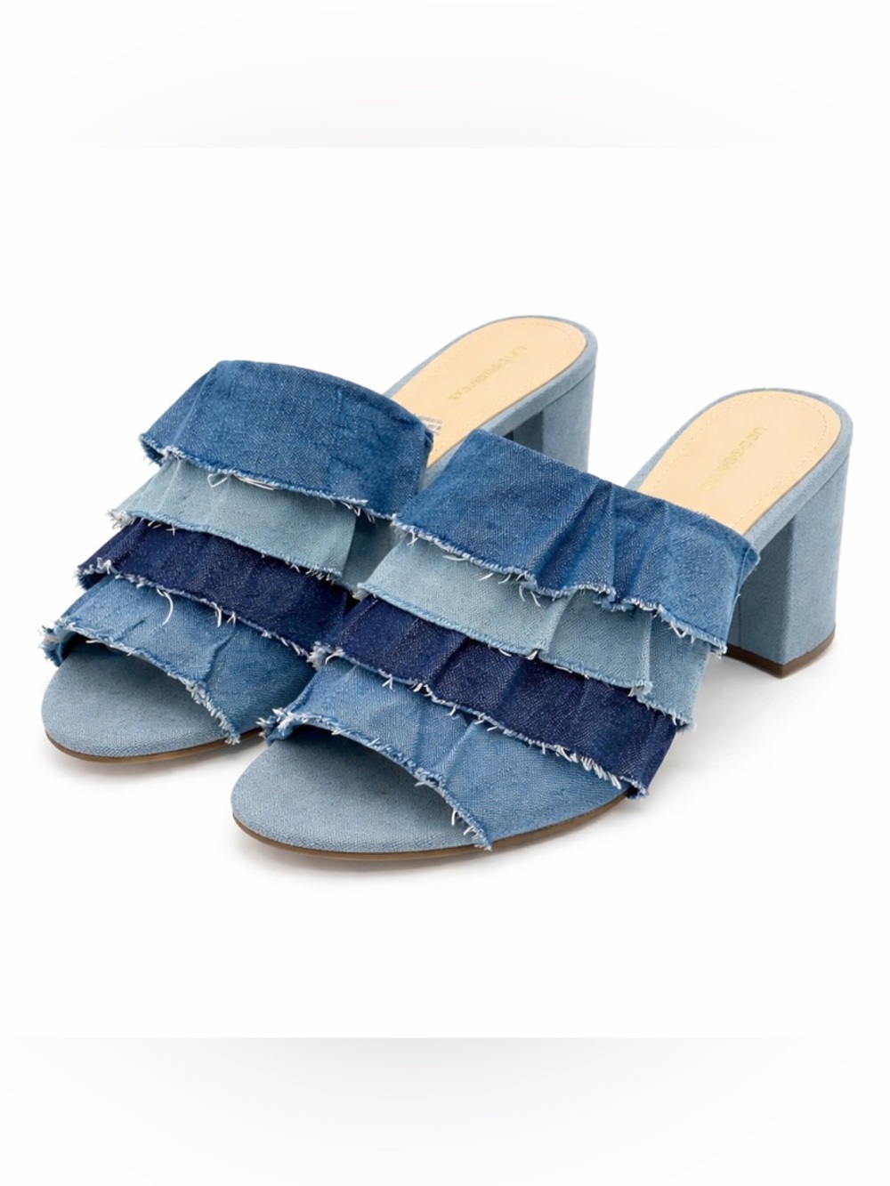 Liz Claiborne Denim Ruffle Mule Heels Patchwork Boho Sz 10